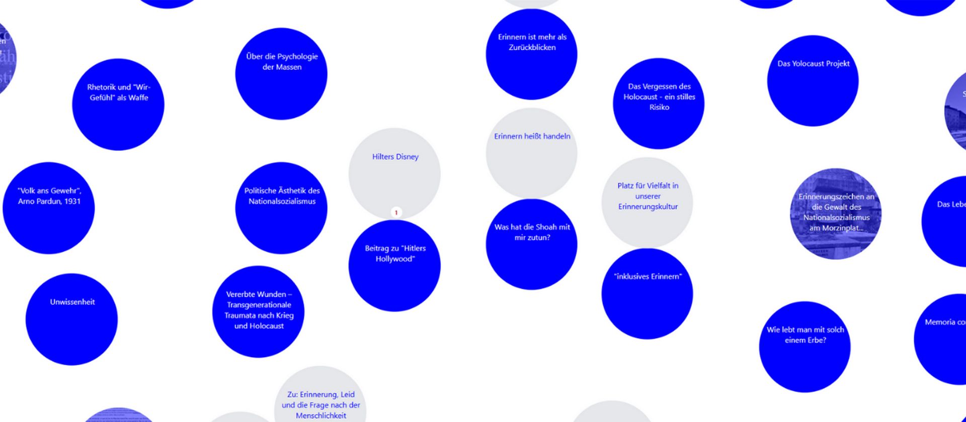 Grafik mit mehreren blauen und einem weißen Kreis, die kurze Textausschnitte zu Erinnerung und Antisemitismus enthalten