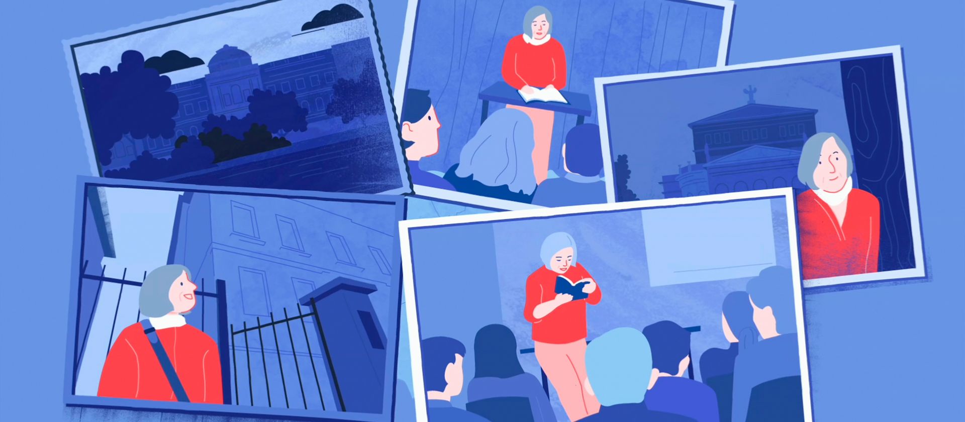 Mehrere Illustrationen zeigen eine ältere Frau mit grauen Haaren und rotem Oberteil in verschiedenen Situationen, darunter vor einem Gebäude, vor einem Zaun, sitzend und vor einem Publikum lesend.