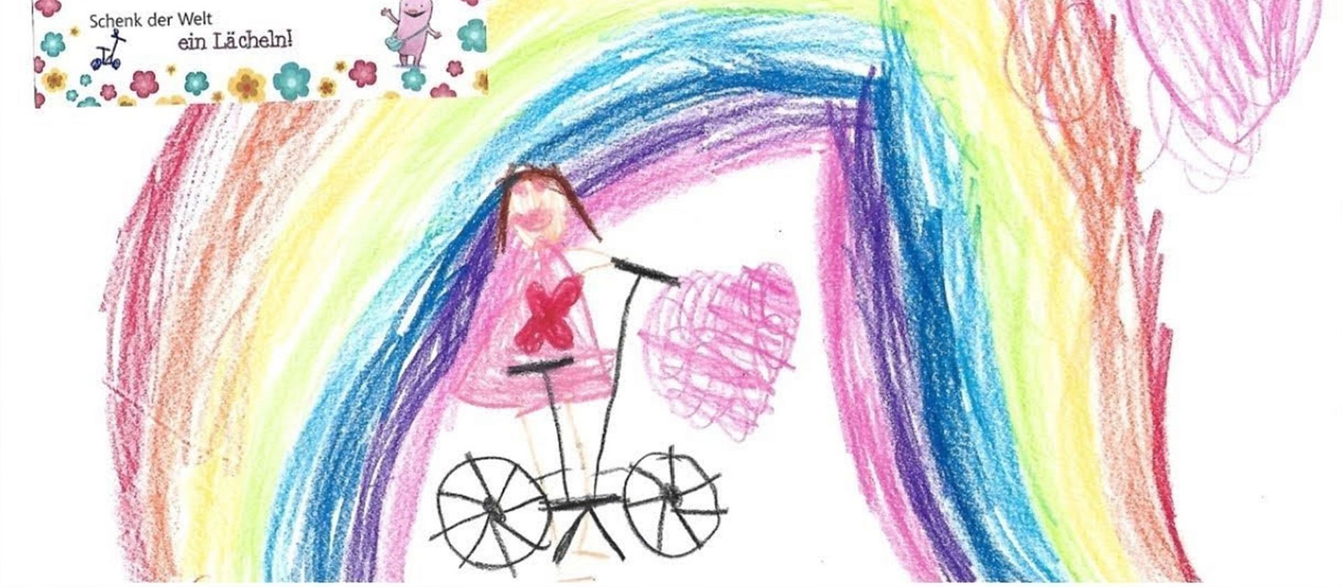 Bunte Kinderzeichnung mit einem Regenbogen, einem Fahrrad und einem pinkfarbenen Herz